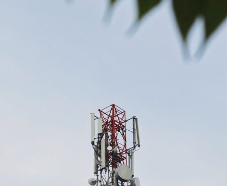 a red and white tower with a leaf on top