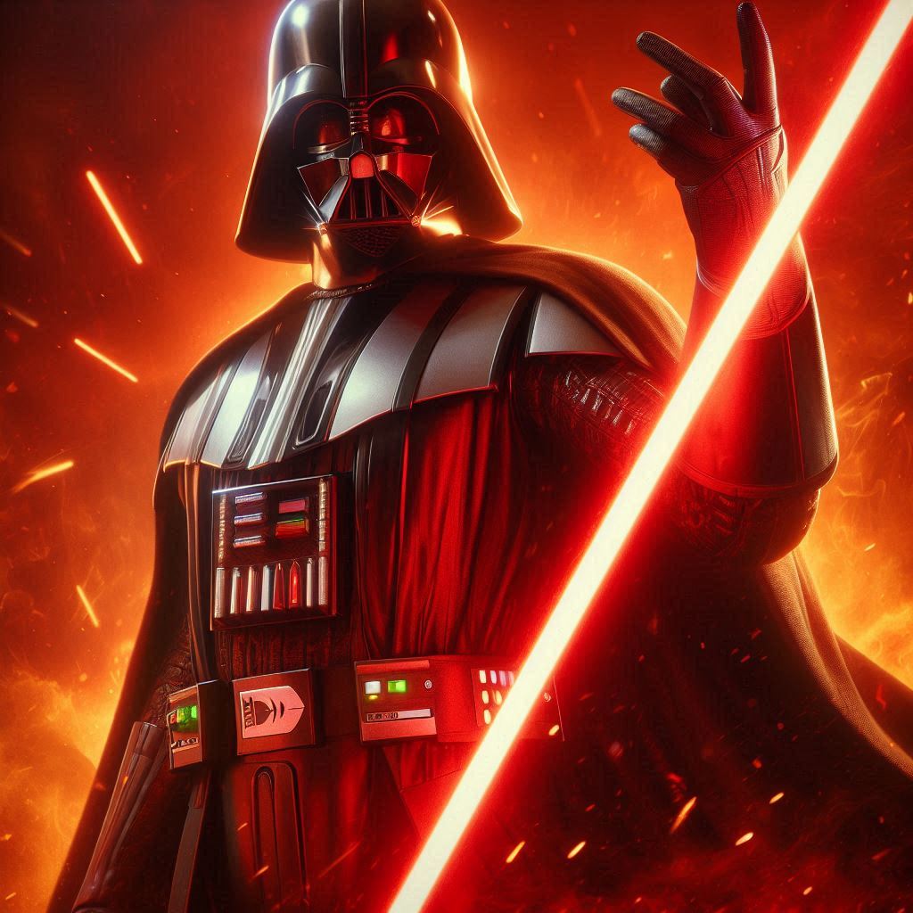 The image you provided appears to be promotional art featuring Darth Vader, one of the most iconic characters from the Star Wars franchise. Darth Vader is shown in full armor, holding a red lightsaber in his right hand, raised above his head, symbolizing power and authority. His left hand is extended, evoking his signature Force abilities, possibly a Force choke or push. The background is a fiery, intense scene with bright orange and red tones, adding a dramatic effect and further emphasizing the character’s menacing presence. At the bottom of the image, the word "Star Wars" is prominently displayed in white with a futuristic font, with a metallic look, while underneath it is the EA (Electronic Arts) logo, indicating this image is likely associated with a Star Wars video game produced by EA, which has published several Star Wars titles in recent years. The overall tone of the image is dynamic, aggressive, and dark, fitting Darth Vader's role as a Sith Lord.