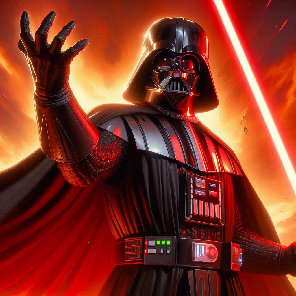 The image you provided appears to be promotional art featuring Darth Vader, one of the most iconic characters from the Star Wars franchise. Darth Vader is shown in full armor, holding a red lightsaber in his right hand, raised above his head, symbolizing power and authority. His left hand is extended, evoking his signature Force abilities, possibly a Force choke or push. The background is a fiery, intense scene with bright orange and red tones, adding a dramatic effect and further emphasizing the character’s menacing presence.

At the bottom of the image, the word "Star Wars" is prominently displayed in white with a futuristic font, with a metallic look, while underneath it is the EA (Electronic Arts) logo, indicating this image is likely associated with a Star Wars video game produced by EA, which has published several Star Wars titles in recent years. The overall tone of the image is dynamic, aggressive, and dark, fitting Darth Vader's role as a Sith Lord.